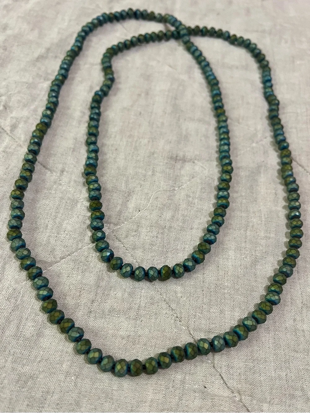 Vintage Necklace Long Iridescent Green Faceted Continuous Strand 56”